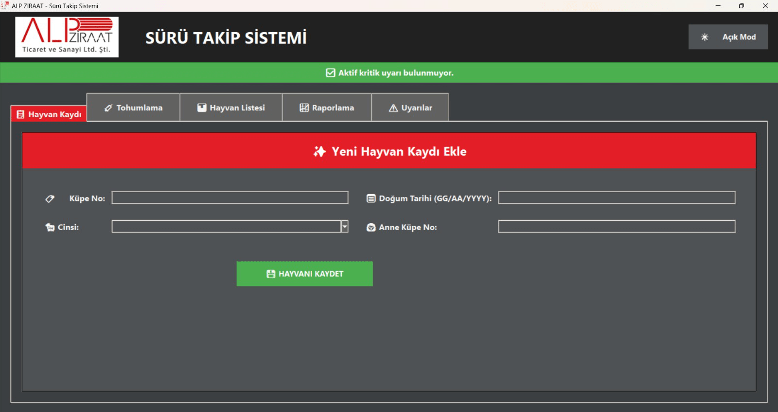 Alp Ziraat Sürü Takip Sistemi yazılımı yeni hayvan kaydı ekranı